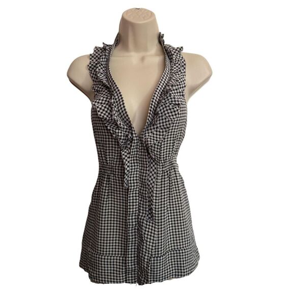 BCBGMaxzazira White & Black Checkered Plaid Silk Halter Rockabilly Top Size S - Picture 3 of 13